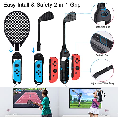 14 in 1 Switch Sports Accessories Bundle, innoAura Switch Sports Bundle with Switch Steering Wheel, Joycon Grip, Tennis Racket, Glof Club, Wrist Strap, Leg Strap Compatible with Switch/Switch OLED