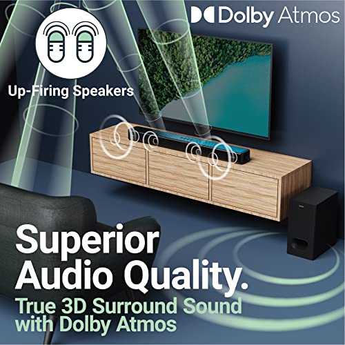 MAJORITY Sierra Plus | Dolby Atmos 2.1.2 Bluetooth Soundbar with Wireless Subwoofer | 400W Up-Firing Surround Sound Speakers For 3D Audio Home Theatre | USB, AUX, Optical, RCA & 3x HDMI | Custom EQ