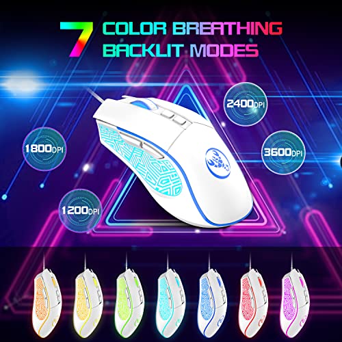 HXSJ X100 Gaming Mouse Wired,Ergonomic PC Gaming Mice with 7 Colors LED Backlit,7 Buttons,Gaming Optical Sensor,4 DPI Level Settings,Up to 3600 DPI,Lightweight,for PC,Laptop,Mac,PS4,XBOX - White