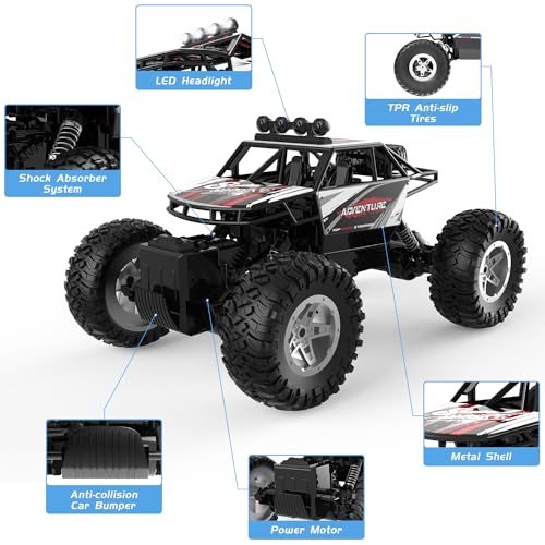 DEERC RC Cars Remote Control Car 1:14 Off Road Monster Truck,Metal Shell 4WD Dual Motors LED Headlight Rock Crawler,2.4Ghz All Terrain Hobby Truck with 2 Batteries for 90 Min Play,Boy Adult Gifts