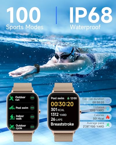 TOOBUR Smart Watch for Women Alexa Built-in, IP68 Waterproof Swimming, 1.8" Fitness Watch with Answer&Make Call/Heart Rate/Step Counter/Sleep Tracker/100 Sports, Compatible Android iOS, Golden