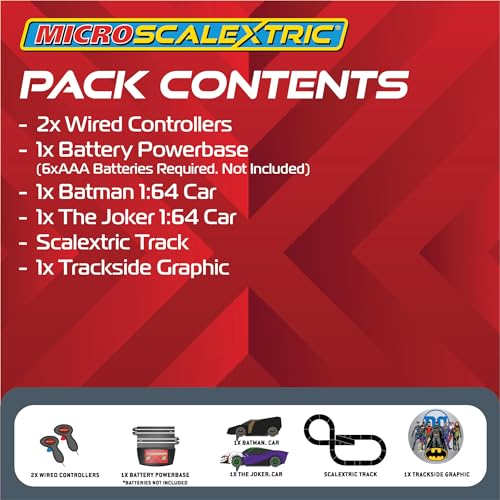 Micro Scalextric Sets for Kids Age 4+ - Batman vs Joker Set, Battery Powered Electric Racing Track Set, Slot Car Race Tracks - Incl. 2x Cars, 1x Track, 1x Powerbase, 2x Controllers & Track Graphic