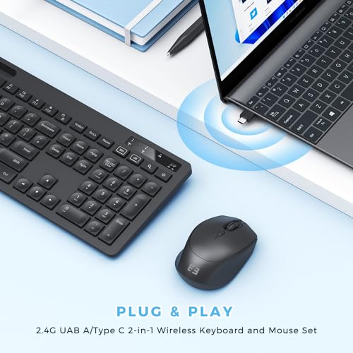 Wireless Keyboard and Mouse Set, USB A and USB C Keyboard Mouse, Full Size UK Keyboard with Phone Holder Compatible with Apple Mac OS, Windows PC/Desktop/Computer/Laptop, Black