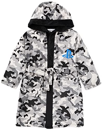 PlayStation Dressing Gown For Boys & Girls | Kids Camo Monochrome Game Controller Pocket Bathrobe | Childrens Soft Fluffy Nightwear Robe 9-10 Years