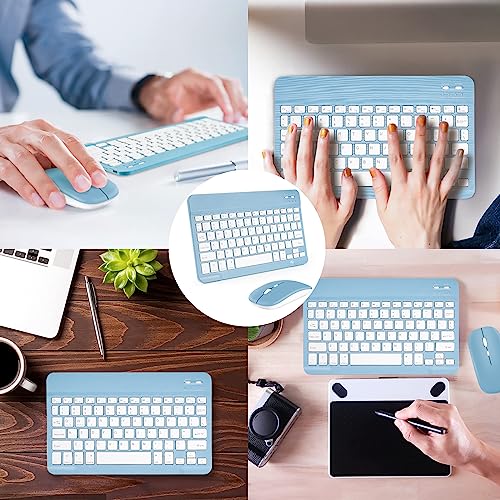 AIMMIE Portable Wireless Keyboard, Rechargeable10 Ultra Slim Universal Tablet Keyboard with Wireless Mouse, Small Wireless Keyboard for iOS/Android/Windows Tablets, Laptops, PC, Phones (Blue)