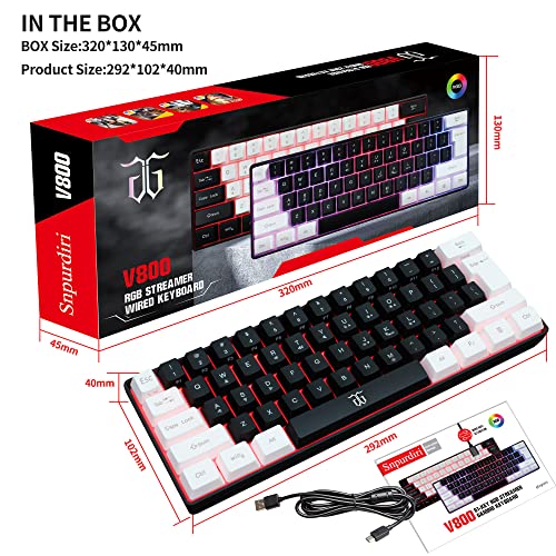 Snpurdiri 60% Wired Gaming Keyboard, True RGB Mechanical Feeling,Ultra-Compact Mini Keyboard with Detachable Cable,White and Black Color