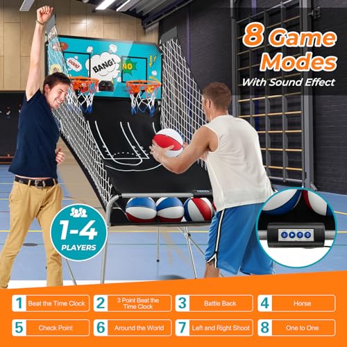 Maxmass Kids Basketball Arcade Game, Folding Dual Shot Basketball Game with 8 Modes, 4 Basketballs, LED Scoreboard & Sound Effect, Electronic Basketball Shooting Machine for Indoor Outdoor (Green)