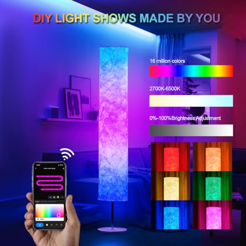 BASRAE Smart Floor Lamp for Living Room,RGB Standing Light with Soft Shade,LED Bedroom Standard Lamps,APP Voice Control,Music Sync,Works with Alexa Google Assistant,60in Colour Change Corner Lights