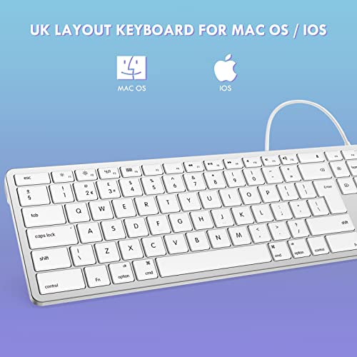 Seenda Wired Keyboard for Mac OS, Slim External Full-size Keyboard with Numeric Pad & USB A and Type C 2-in-1 Connector for Apple Mac, iMac, MacBook Pro/Air/Mini, UK Qwerty Layout - White and Silver