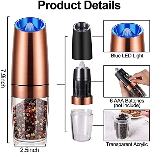 sdlogal Salt and Pepper Mill Electric (Copper, 2 Pieces), Gravity Automatic Operation Spice Mills with LED Light, Adjustable Coarse Mechanism, Battery Operated, Salt Mill for Home, Kitchen