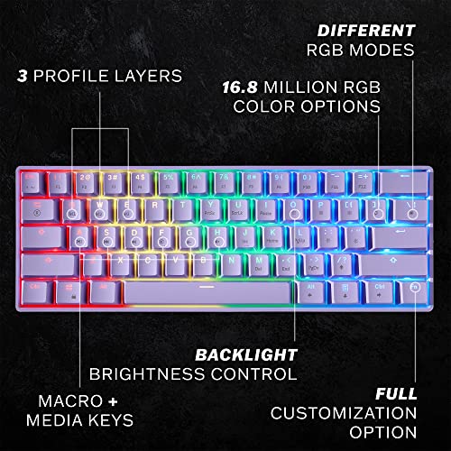 HK Gaming GK61 Mechanical Gaming Keyboard 60 Percent | 61 RGB Rainbow LED Backlit Programmable Keys | USB Wired | For Mac and Windows PC | Hotswap Gateron Optical Yellow Switches | Lavender