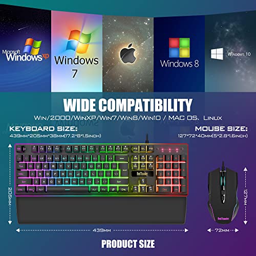 RedThunder K10 Wired Gaming Keyboard and Mouse Combo, UK Layout, True RGB Backlight, Soft Leather Wrist Rest, Mechanical Feel Ergonomic Anti-Ghosting Keyboard + 7D 7200 DPI Mouse for PC, Mac (Black)