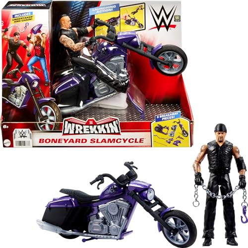 WWE Wrekkin' Action Figure & Toy Vehicle Set, Undertaker with Slamcycle Motorcycle with Lanching Action and Breakable Parts, HTR84