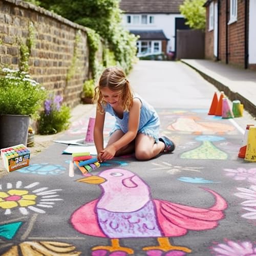 24 Coloured Chunky Chalks , Giant, Pavement, Washable, Fun for Children 8 Vibrant Colours, Outdoor, Garden, Drawing - Artists - Toddler,Kids