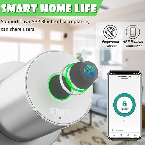 FITNATE Smart Lock Fingerprint Door Knob, Biometric Door Lock Fingerprint Key with App Control, Bluetooth Smart Deadbolt, Touch to Digital Door Lock for Bedroom,Home,Hotel,Office, Silver