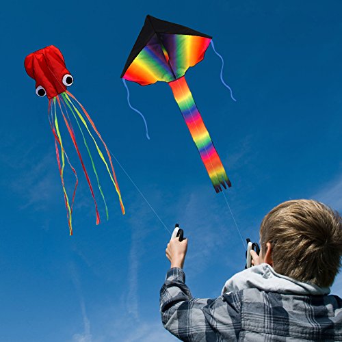 ZoomSky 2 Pack Kites - Large Rainbow Delta Kite and Red Mollusc Octopus with Long Colorful Tail for Children Outdoor Game,Activities,Beach Trip