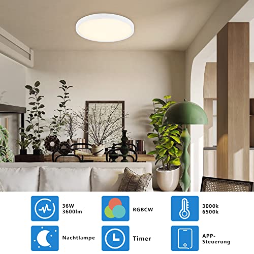 CBJKTX 36 W Ceiling Light LED Ceiling Light Colour Changing - Dimmable Bedroom Lamp with Smart RGB Backlight Panel Flat Round via Remote Control App for Living Room Bedroom Children's Room