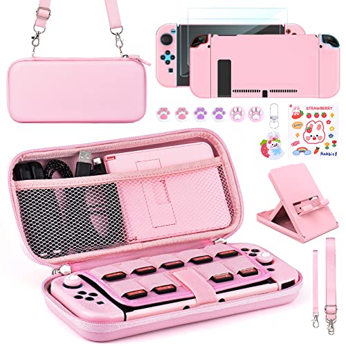 Younik Switch Accessories Bundle, 15 in 1 Pink Switch Accessories Kit for Girls Include Switch Carrying Case with 9 Game Card Slots, Adjustable Stand, Protective Case for Switch Console & J-Con