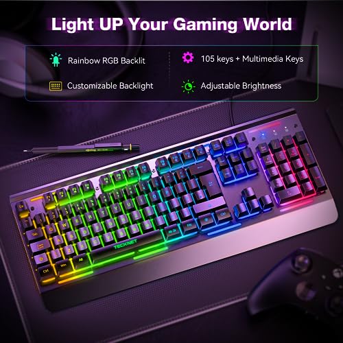 TECKNET RGB Gaming Keyboard, 105 Keys, All-Metal Panel, 15-Zone RGB Illumination, Backlit Quiet Computer Keyboard, Wrist Rest, 25 Anti-ghosting Keys, IP32 Water & Dust Resistant USB Wired Keyboard