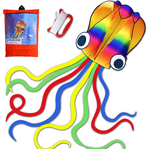 Huge Rainbow Soft Octopus Kite for Kids and Audlts- Large Kite with Long Tail and 200ft line-Easy to Fly kites for chlidren under 10