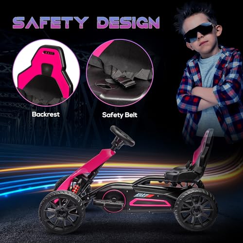 HOMCOM 12V Electric Go Kart for Kids, Ride-On Racing Go Kart with Forward Reversing, Rechargeable Battery, 2 Speeds, for Boys Girls Aged 3-8 Years Old - Pink