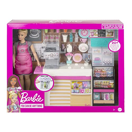 Barbie You Can Be Anything Doll, Coffee Shop Cafe Playset with Blonde Barbie Doll, 20 Doll Accessories and Toy Coffee Smoothie Maker, Toys for Ages 3 and Up, One Doll and One Coffee Shop, GMW03