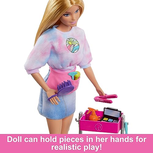 Barbie “Malibu” Stylist Doll & 14 Accessories Playset, Hair & Makeup Theme with Puppy & Styling Cart, HNK95