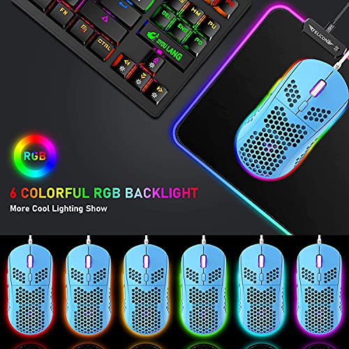 T60 UK Layout 60% Mechanical Keyboard and Mouse Set, Compact 62 Keys Mini Wired Gaming Keyboard 19 Rainbow Backlit + 6400DPI RGB Ultra-Light PC Gaming Mice + Mouse Pad For Laptop/MAC-Blue/Red Switch