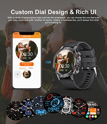Military Smart Watch for Men Answer and Make Call,400mAh Long Battery Fitness Tracker with Heart Rate Blood Pressure Monitor SpO2 100+ Sports,1.4'' HD Screen Tactical Smartwatch for Android iOS Black