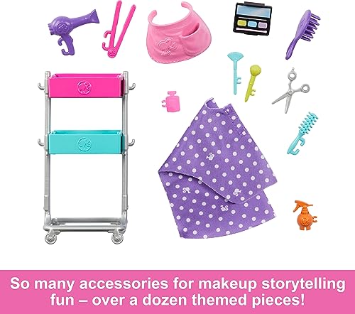 Barbie “Malibu” Stylist Doll & 14 Accessories Playset, Hair & Makeup Theme with Puppy & Styling Cart, HNK95