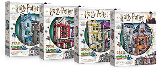 Wrebbit 3D - Harry Potter Diagon Alley Collection 3D Jigsaw Puzzles - Ollivander’s Wand Shop, Quality Quidditch Supplies, Madam Malkin’s and Weasleys’ Wizard Wheezes -Bundle of 4- Total of 1175 Pieces