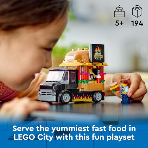 LEGO City Burger Van, Food Truck Toy for 5 Plus Year Old Boys & Girls, Vehicle Building Toys, Kitchen Playset with Vendor Minifigure and Accessories, Imaginative Play Gifts for kids 60404