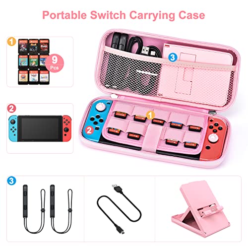 Younik Switch Accessories Bundle, 15 in 1 Pink Switch Accessories Kit for Girls Include Switch Carrying Case with 9 Game Card Slots, Adjustable Stand, Protective Case for Switch Console & J-Con