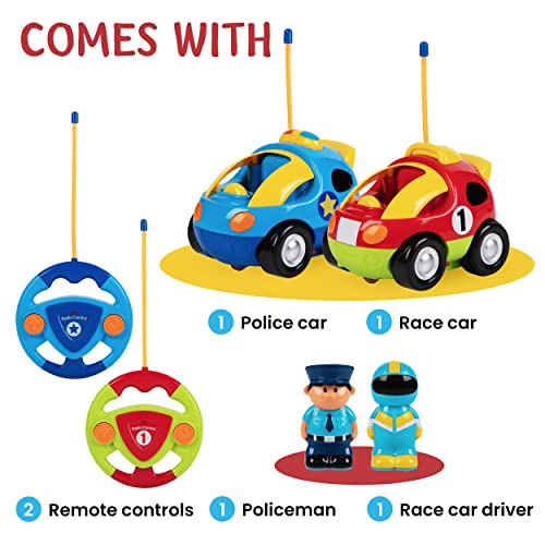 Prextex 2-Pack RC Cartoon Cars: Remote Control Cars for Kids Age 2-3 | Kids Remote Control Police and Race Car Toys for Boys | Great Stocking Fillers for Toddlers 18+ Months