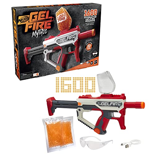 Nerf Pro Gelfire Mythic Blaster, 1,600 Gelfire Rounds, Hopper, Rechargeable Battery, Eyewear