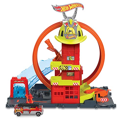 Hot Wheels City with 1 Toy Car, Kid-Powered Elevator, Water-Like Ramp, Track-Play Features, Connects to Other Sets, Fire Station with Super Loop, HKX41