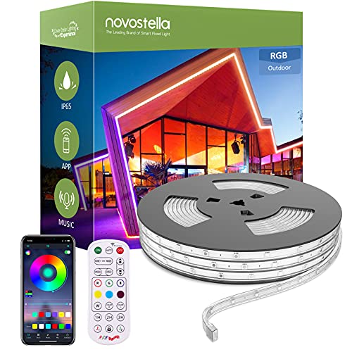 Novostella 16M Outdoor LED Strip Lights Waterproof 52.5ft Smart RGB Rope Light, App Control and RF Remote, Music Sync Color Changing Exterior Tape Lighting Kit for Garden Patio Party, 24V IP65