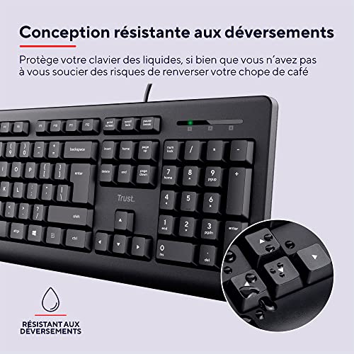 Trust Taro USB Wired Keyboard French AZERTY Layout, Silent Keys, Spill Resistant, 180 cm Cable, for PC, Desktop, Macbook, Laptop, Work, Business - Black
