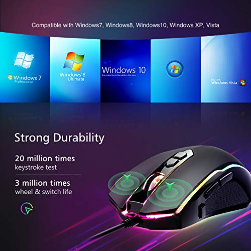 RGB Gaming Mouse Wired,Vollion PC Gaming Mice with 8 Programmable Buttons,Chroma RGB Backlit, 7200 DPI Adjustable,Comfortable Grip Ergonomic Optical Computer Gaming Mice with Shutton Button,Black