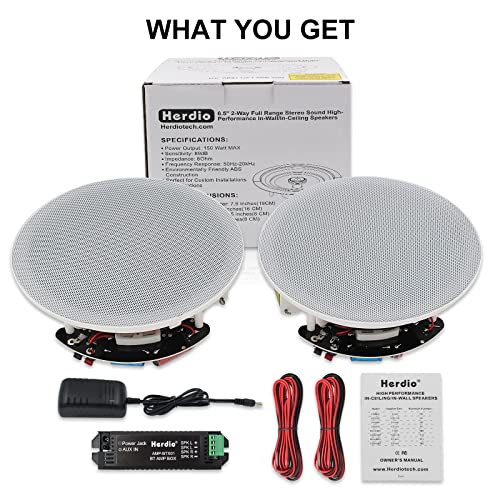 Herdio 300 Watts 6.5 Inches Ceiling Bluetooth Speakers For Office,Kitchen,Living Room,Bathroom,7.6 Inch Cutout Diameter(1 Pair)