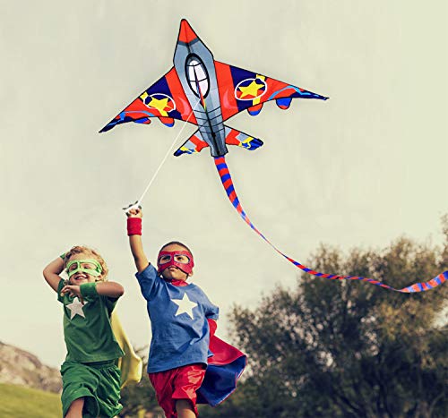 HUGE Fighter Plane Kite for Kids and Adults- 58"Wide with long tail- Easy Flyer - Kit Line and Swivel Included- Good for beach kite for children