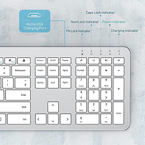 Wireless Rechargeable Keyboard and Mouse Set, Seenda Full Size Thin Wireless Keyboard and Mouse with Numeric Keypad, Computer keyboard mouse combos for Laptop/PC/Windows, Silver & White