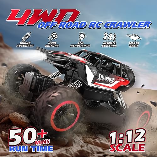 DEERC 1:12 Remote Control Car with Metal Shell, 4WD Off Road Monster Truck, Dual Motors LED Headlight RC Rock Crawler, 2.4Ghz All Terrain Hobby RC Cars Toys for Boys Kids Adults Gifts (W/2 Batteries)