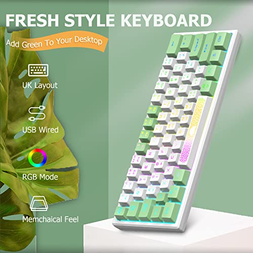 LexonElec K61 Pro - UK Layout Gaming Keyboard 60 percent Mini RGB Illuminated LED Light up - White and Green Mixed key colour caps colorful - USB Mechanical Feel Aesthetic for PC Laptop MAC ps4