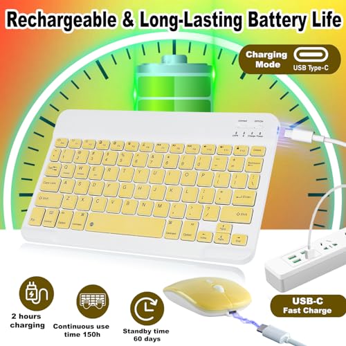 Bluetooth Keyboard, Wireless Keyboard and Mouse 2.4 USB Rechargeable Lightweight 10IN Universal Quiet Portable Mini Keyboard and Mouse set for iPad, iOS, Mac, Windows, Android Tablet Laptop-Yellow