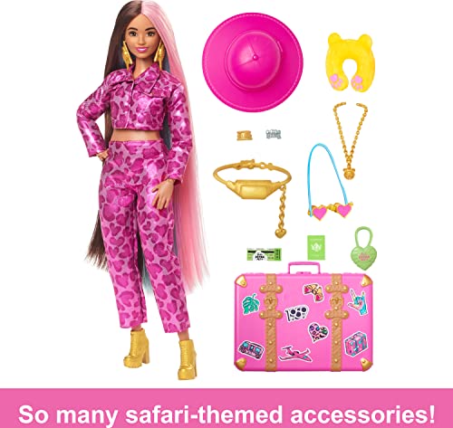 Travel Barbie Doll with Safari Fashion, Barbie Extra Fly, Animal Print Outfit and Pink Suitcase, HPT48, Gold,pink,silver