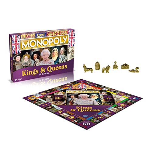 Winning Moves Kings and Queens of Britain Monopoly Board Game, Advance to Alfred the Great, Henry VIII, Victoria and Elizabeth II, expand your empire and trade your way to success, for ages 8 plus