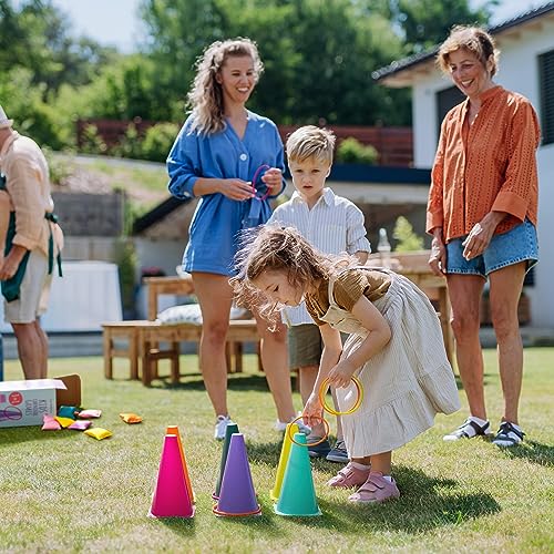 THE TWIDDLERS - 3 in 1 Ring Toss Party Game for Kids Play - Colourful Hoops and Cones, Bean Bag Throwing Toy for Children Carnival, Birthday Outdoor Fun Activity