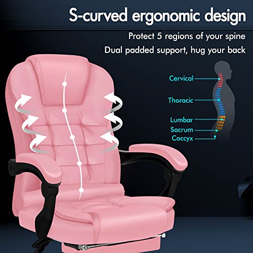 ELFORDSON Pink Office Chair for Home Office, Massage Office Chair with Footrest, Pink Gaming Desk Chair, Comfy PU leather Chair for Adults (Pink)