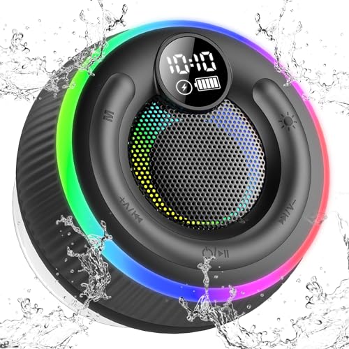 POMUIC Bluetooth Shower Speaker, Portable Bluetooth Speaker with Suction Cup, IPX7 Waterproof Speakers Wireless Bluetooth 5.3 with RGB Lights, Built-in Mic, HD Surround Sound for Shower, Outdoor,Party